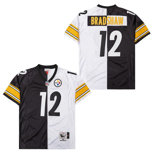 Terry Bradshaw 12 Pittsburgh Steelers Two-Toned Retro Throwback Jersey – Black/White JS8163