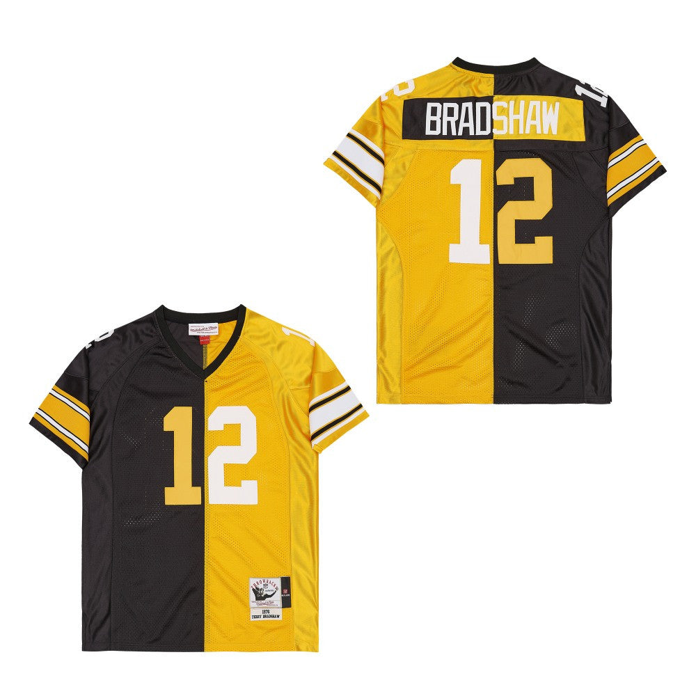 Terry Bradshaw 12 Pittsburgh Steelers Two-Toned Retro Throwback Jersey – Black/Yellow JS6281