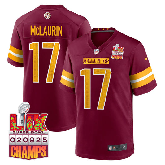 Terry McLaurin 17 Washington Commanders Super Bowl LIX Champions Patch Game Jersey – Burgundy JS5003