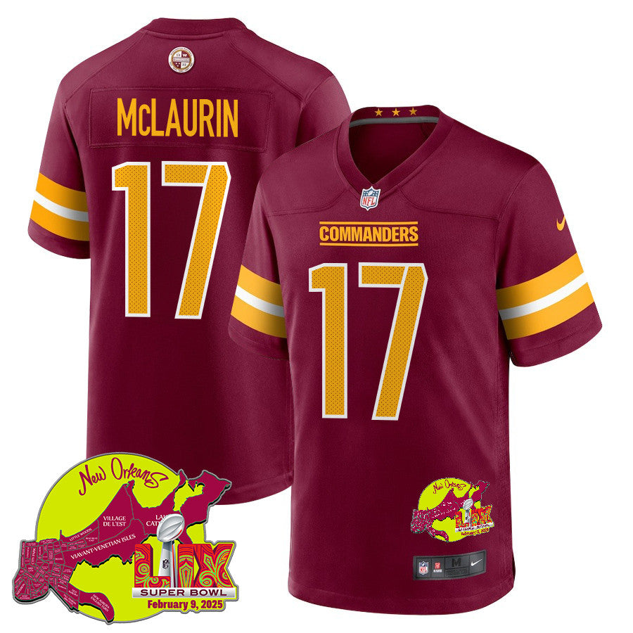 Terry McLaurin 17 Washington Commanders Super Bowl LIX New Orleans Patch Game Jersey – Burgundy JS9316