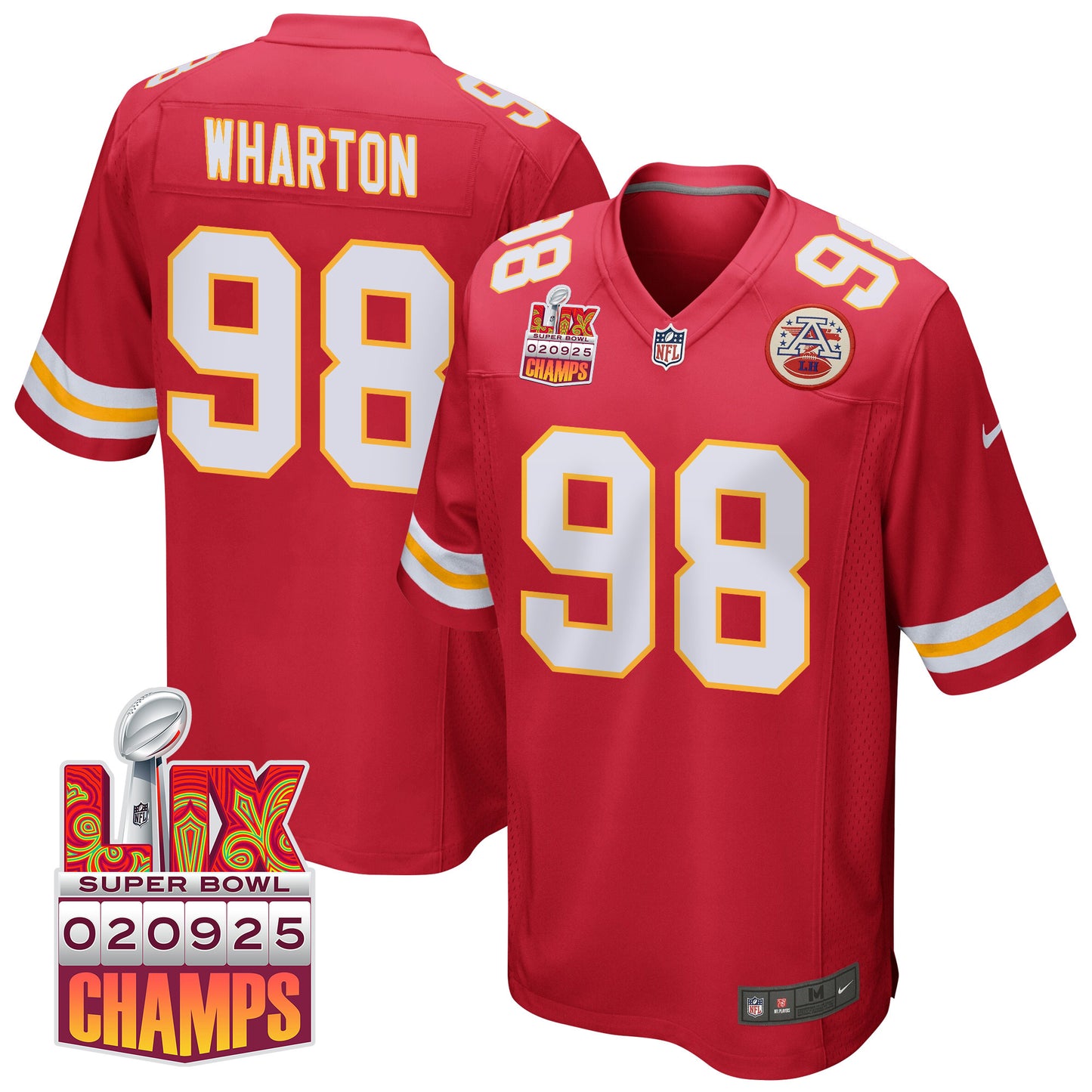 Tershawn Wharton 98 Kansas City Chiefs Super Bowl LIX Champions Patch Game Jersey – Red JS7001