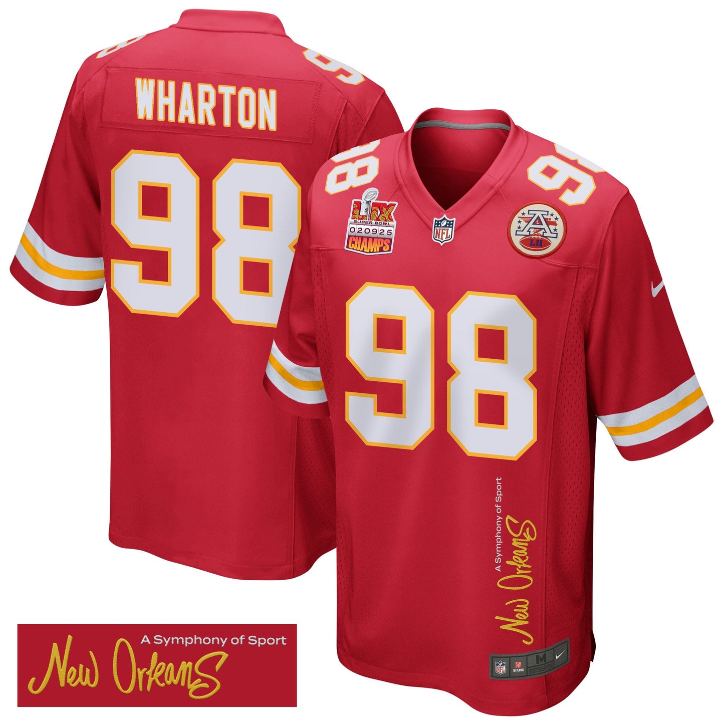 Tershawn Wharton 98 Kansas City Chiefs Super Bowl LIX Champions Patch 'New Orleans – A Symphony of Sport' EMBROIDERED Game Jersey –