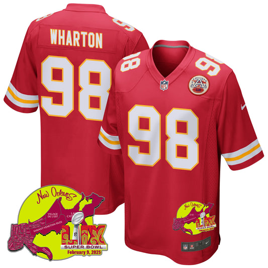 Tershawn Wharton 98 Kansas City Chiefs Super Bowl LIX New Orleans Patch Game Jersey – Red JS7667