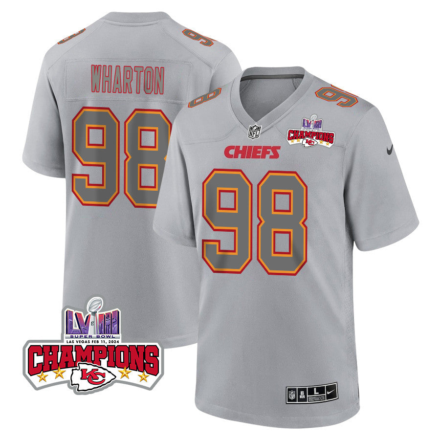 Tershawn Wharton 98 Kansas City Chiefs Super Bowl LVIII Champions 4 Stars Patch Atmosphere Fashion Game Jersey – Gray JS5553