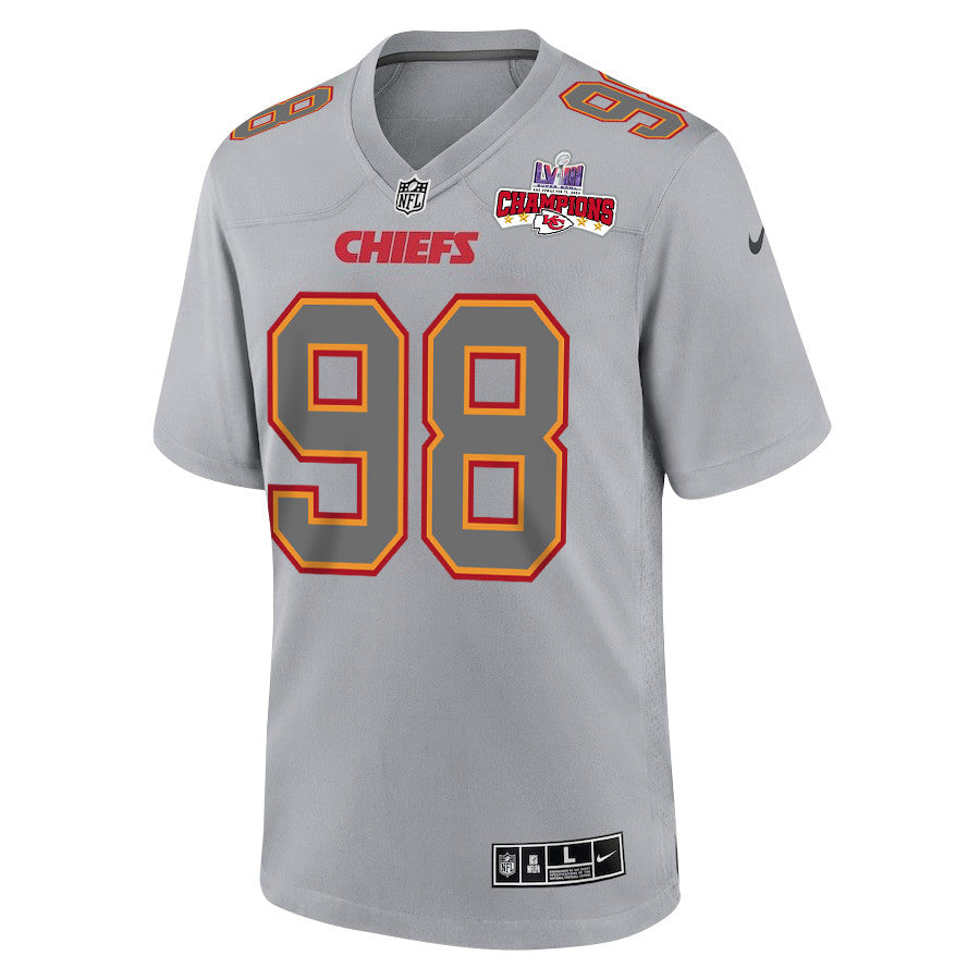 Tershawn Wharton 98 Kansas City Chiefs Super Bowl LVIII Champions 4 Stars Patch Atmosphere Fashion Game Jersey – Gray JS5553