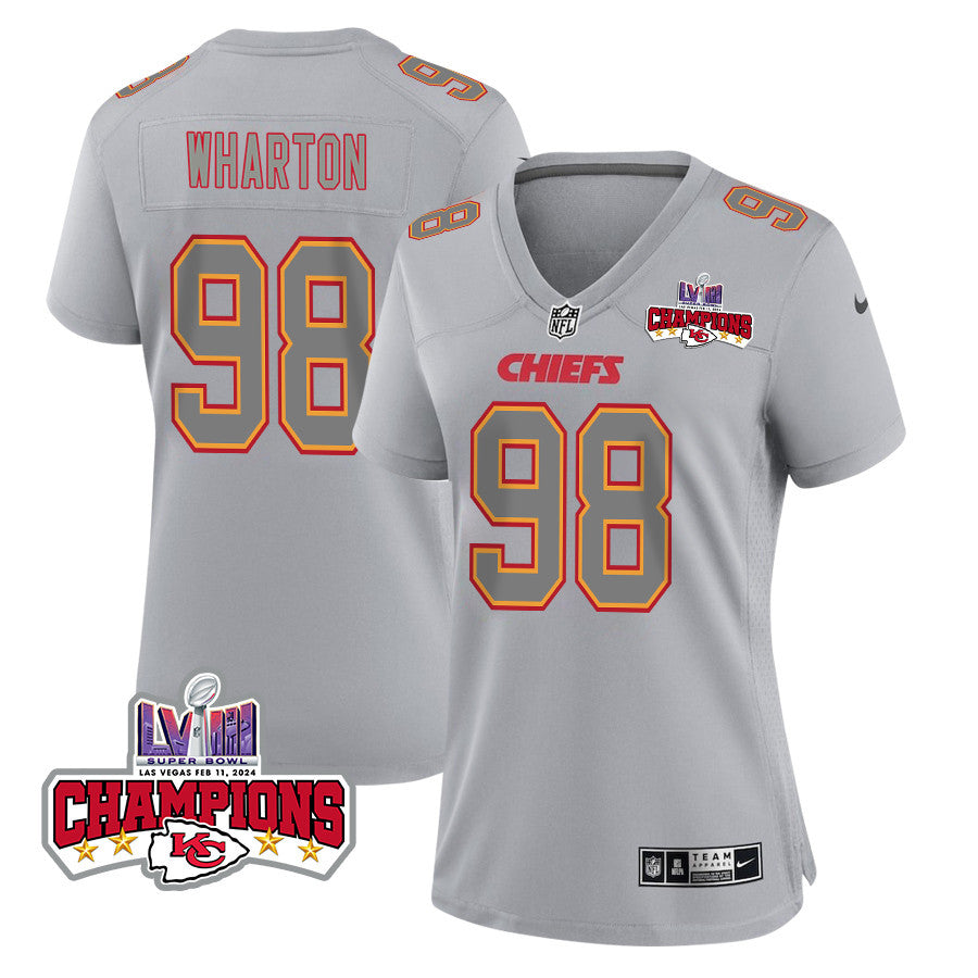 Tershawn Wharton 98 Kansas City Chiefs Super Bowl LVIII Champions 4 Stars Patch Atmosphere Fashion Game Jersey – Gray JS7639