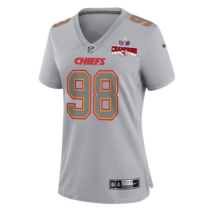 Tershawn Wharton 98 Kansas City Chiefs Super Bowl LVIII Champions 4 Stars Patch Atmosphere Fashion Game Jersey – Gray JS7639
