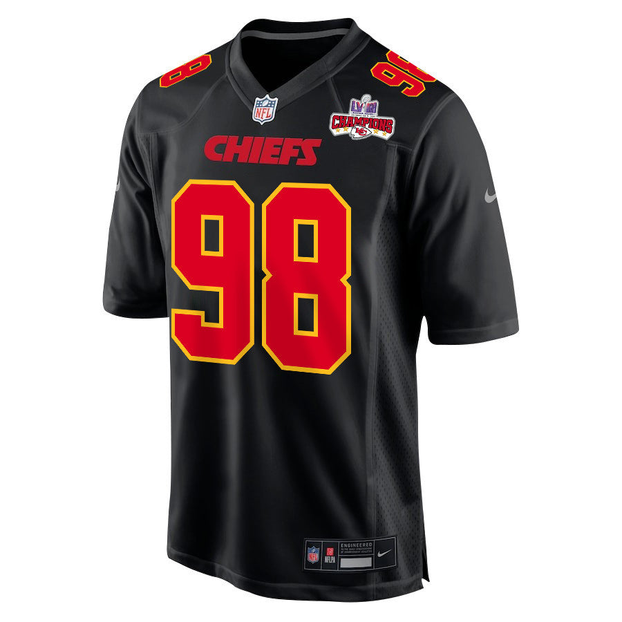 Tershawn Wharton 98 Kansas City Chiefs Super Bowl LVIII Champions 4 Stars Patch Fashion Game Jersey – Carbon Black JS9773