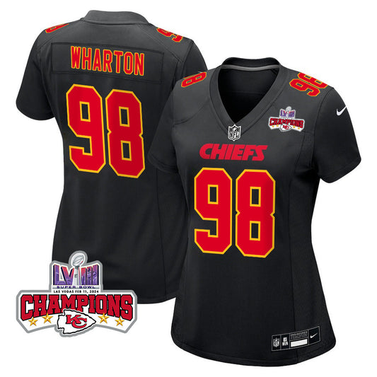 Tershawn Wharton 98 Kansas City Chiefs Super Bowl LVIII Champions 4 Stars Patch Fashion Game Jersey – Carbon Black JS5293