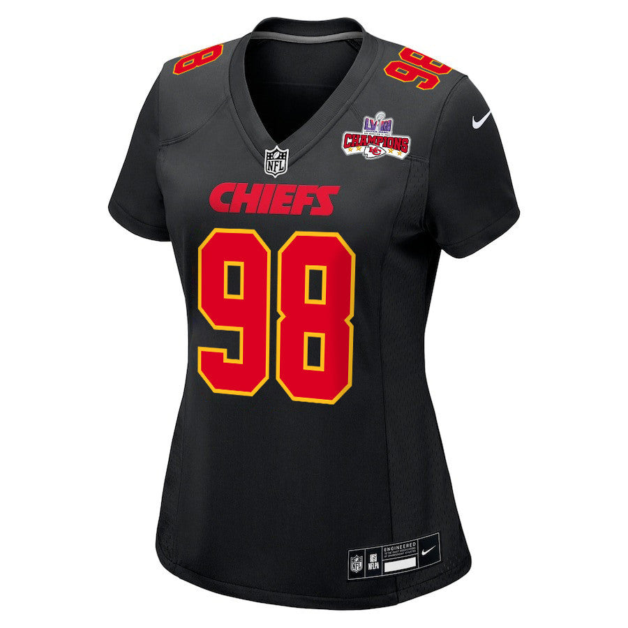 Tershawn Wharton 98 Kansas City Chiefs Super Bowl LVIII Champions 4 Stars Patch Fashion Game Jersey – Carbon Black JS5293