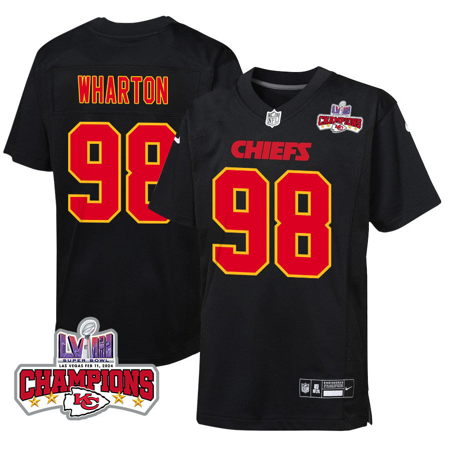 Tershawn Wharton 98 Kansas City Chiefs Super Bowl LVIII Champions 4 Stars Patch Fashion Game Jersey – Carbon Black JS8607