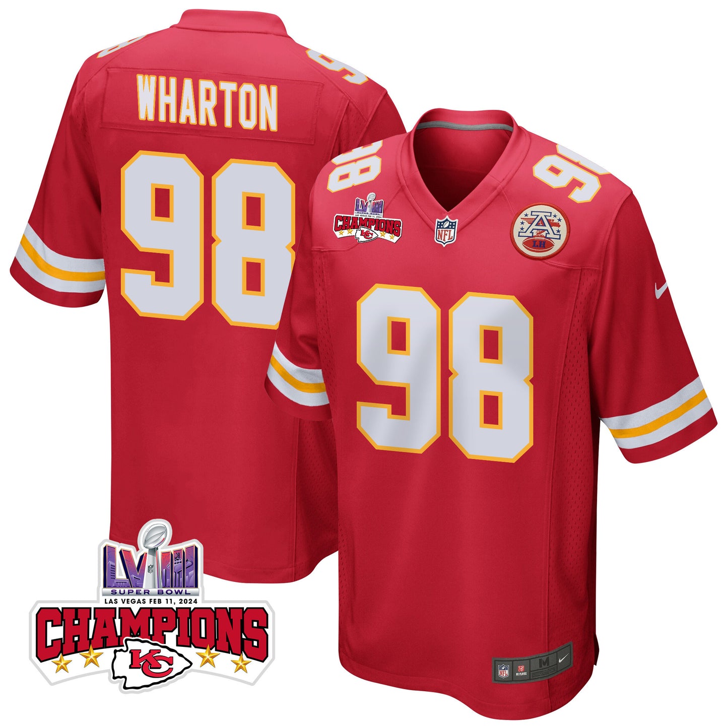 Tershawn Wharton 98 Kansas City Chiefs Super Bowl LVIII Champions 4 Stars Patch Game Jersey – Red JS8895