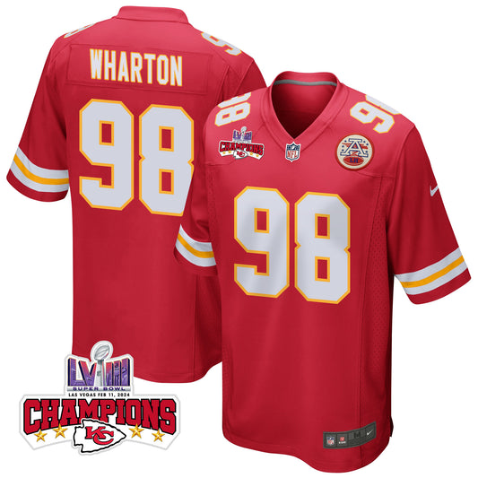 Tershawn Wharton 98 Kansas City Chiefs Super Bowl LVIII Champions 4 Stars Patch Game Jersey – Red JS8895