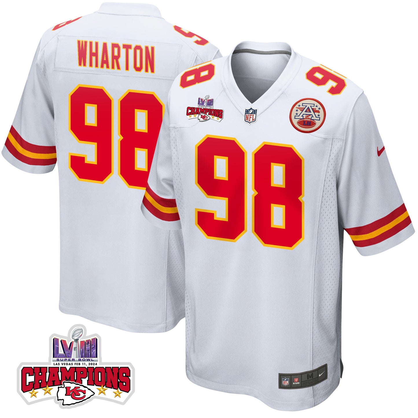 Tershawn Wharton 98 Kansas City Chiefs Super Bowl LVIII Champions 4 Stars Patch Game Jersey – White JS3679