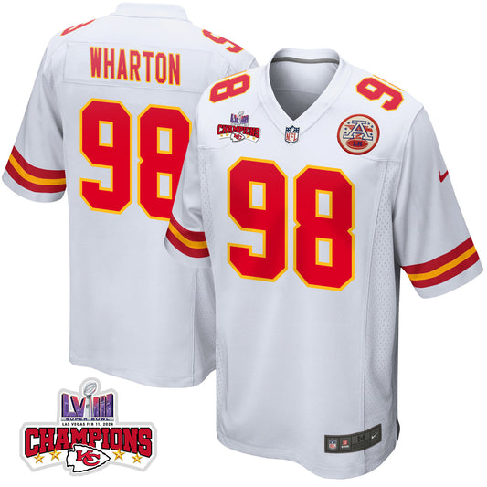 Tershawn Wharton 98 Kansas City Chiefs Super Bowl LVIII Champions 4 Stars Patch Game Jersey – White JS3679