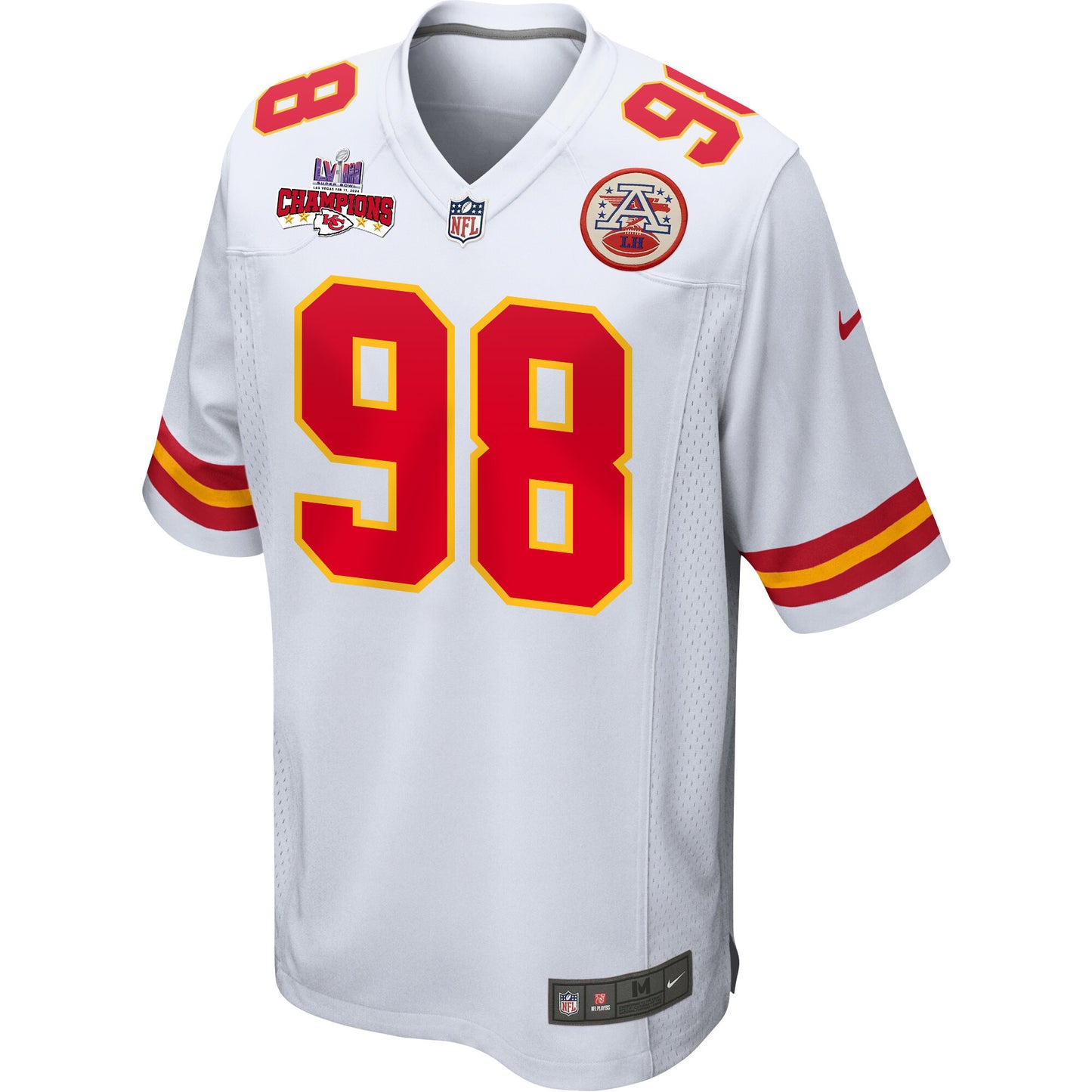 Tershawn Wharton 98 Kansas City Chiefs Super Bowl LVIII Champions 4 Stars Patch Game Jersey – White JS3679