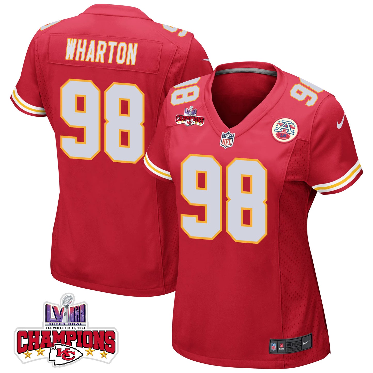 Tershawn Wharton 98 Kansas City Chiefs Super Bowl LVIII Champions 4 Stars Patch Game Jersey – Red JS9240