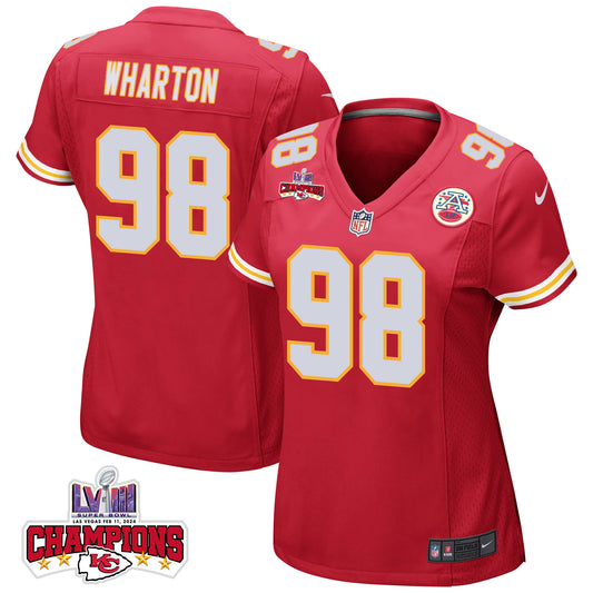 Tershawn Wharton 98 Kansas City Chiefs Super Bowl LVIII Champions 4 Stars Patch Game Jersey – Red JS9240