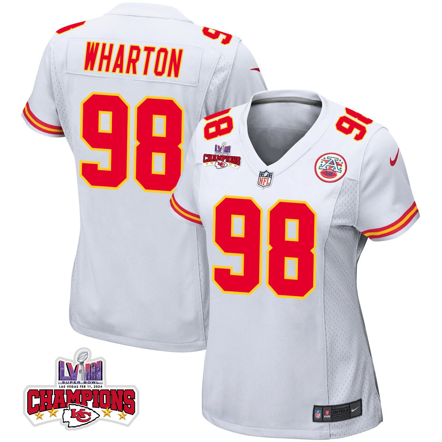 Tershawn Wharton 98 Kansas City Chiefs Super Bowl LVIII Champions 4 Stars Patch Game Jersey – White JS4095