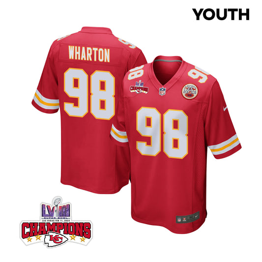 Tershawn Wharton 98 Kansas City Chiefs Super Bowl LVIII Champions 4 Stars Patch Game Jersey – Red JS5977