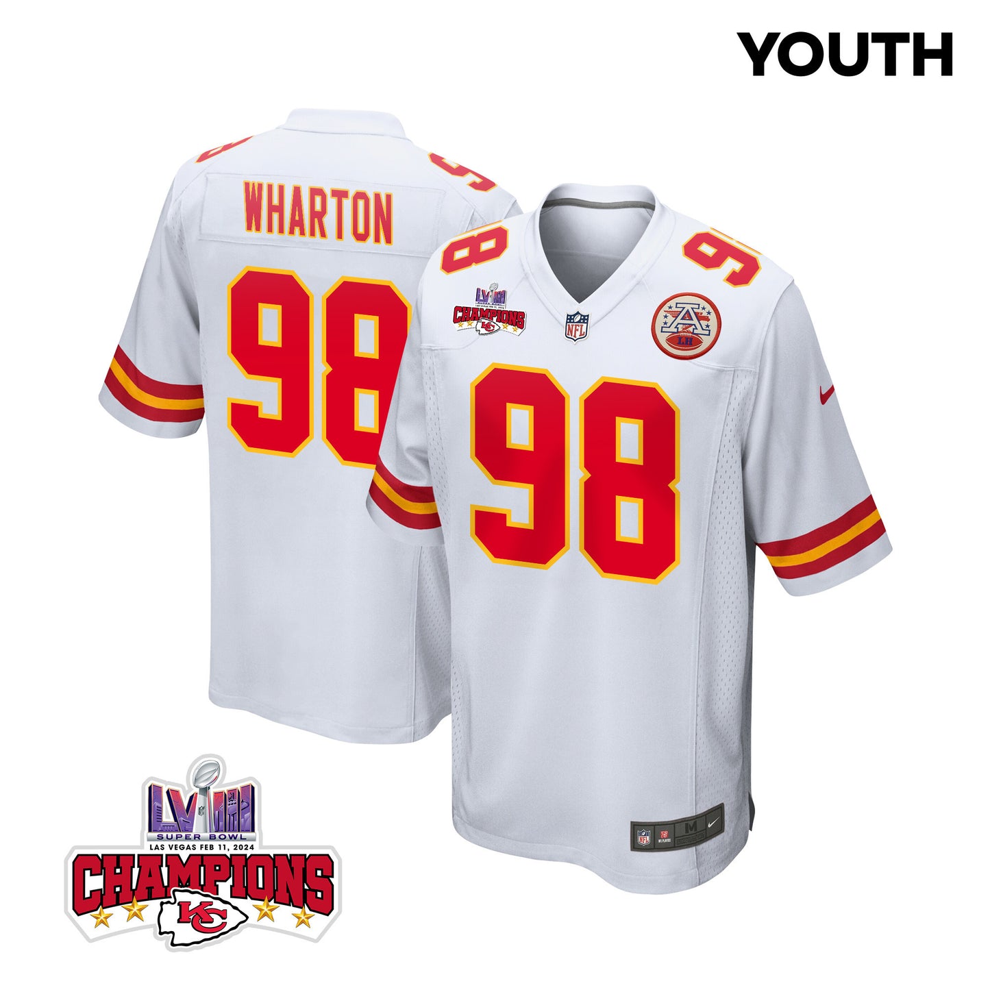 Tershawn Wharton 98 Kansas City Chiefs Super Bowl LVIII Champions 4 Stars Patch Game Jersey – White JS5676