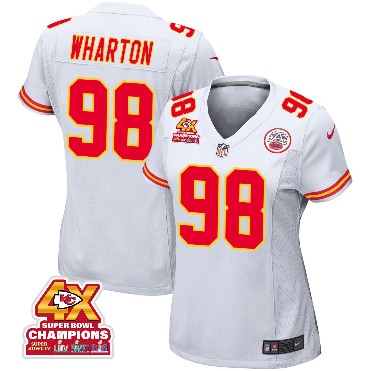 Tershawn Wharton 98 Kansas City Chiefs Super Bowl LVIII Champions 4X Game Jersey – White JS7654
