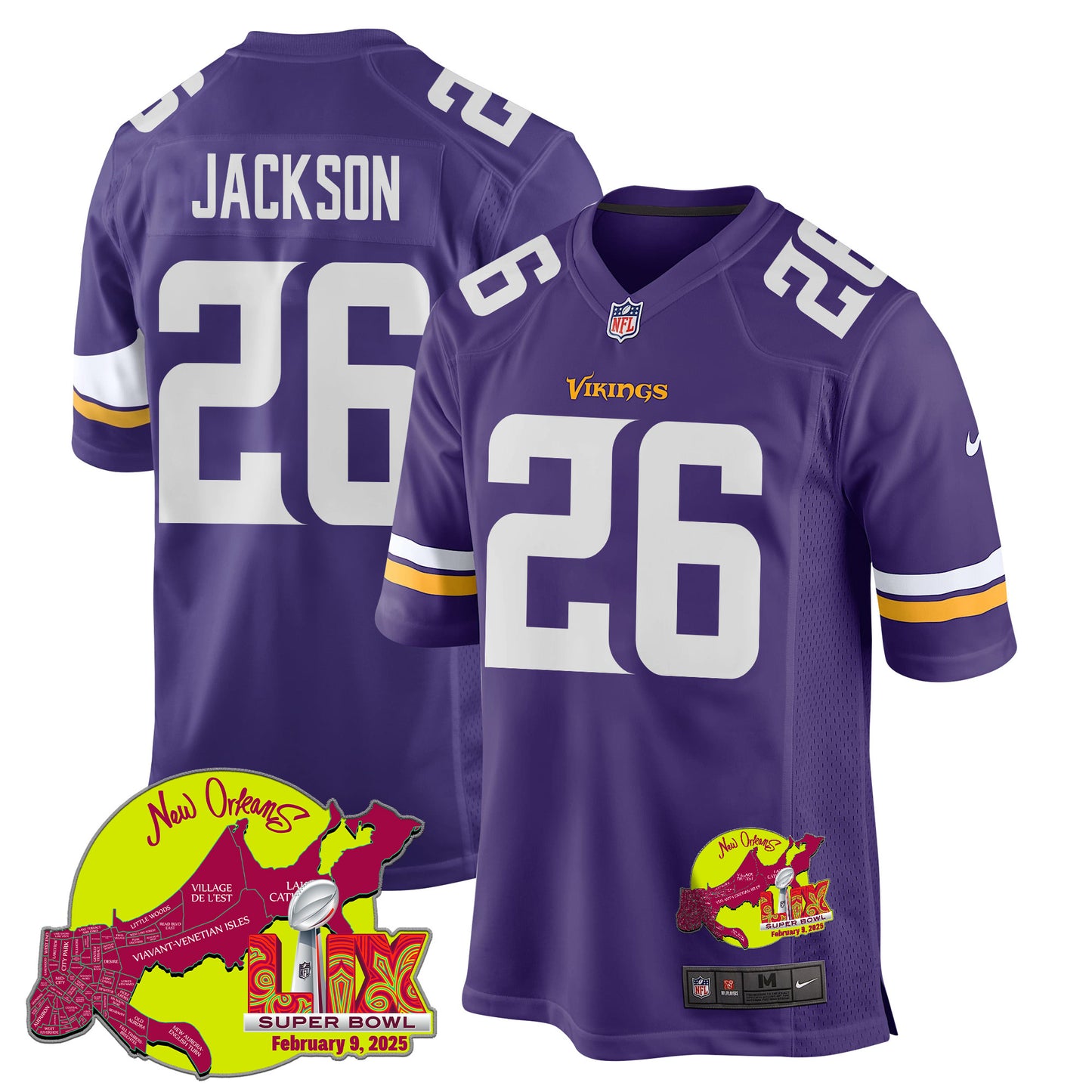Theo Jackson 26 Minnesota Vikings Super Bowl LIX New Orleans Patch Game Jersey – Purple JS2646