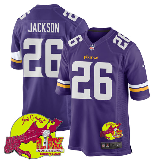 Theo Jackson 26 Minnesota Vikings Super Bowl LIX New Orleans Patch Game Jersey – Purple JS2646