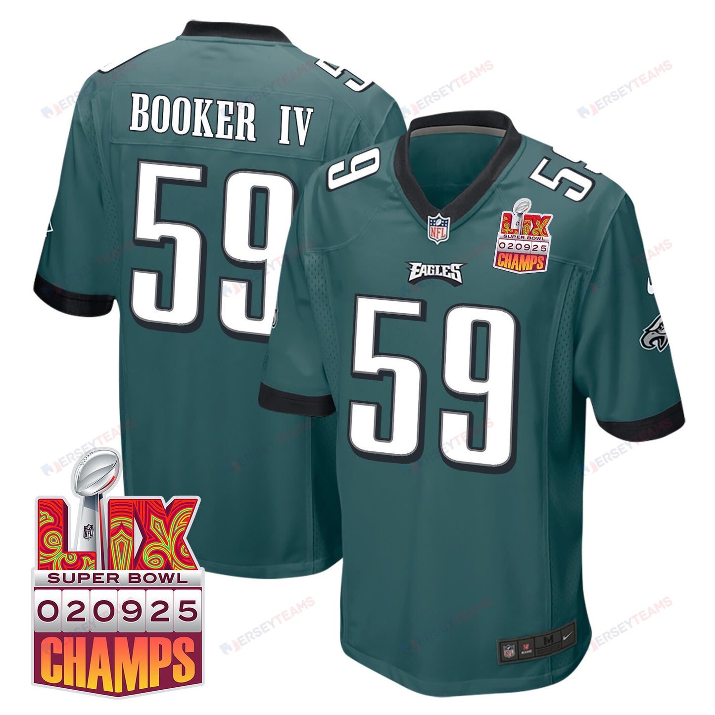 Thomas Booker IV 59 Philadelphia Eagles Super Bowl LIX Champions Patch Game Jersey – Midnight Green JS4539