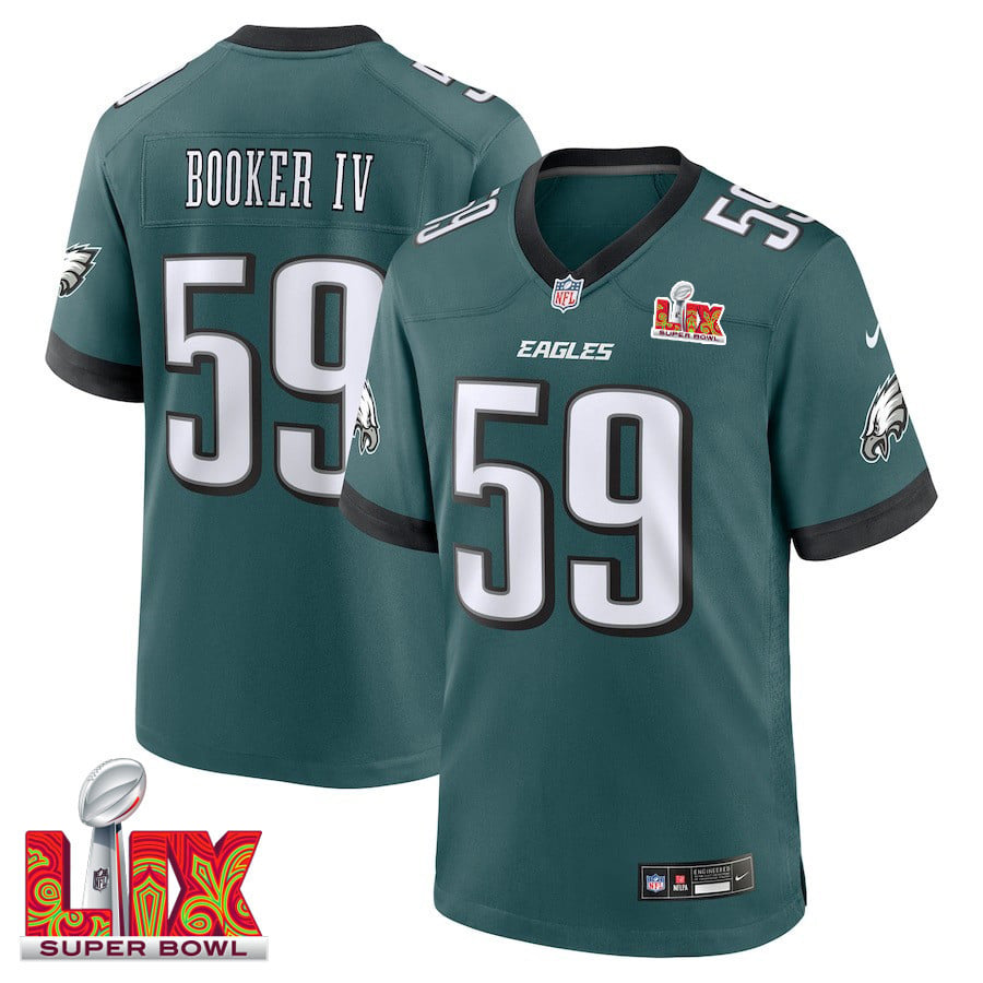 Thomas Booker IV #59 Philadelphia Eagles Super Bowl LIX Jersey – – Midnight Green JS7205