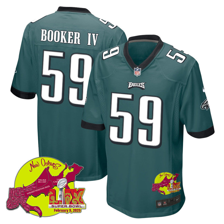 Thomas Booker IV 59 Philadelphia Eagles Super Bowl LIX New Orleans Patch Game Jersey – Midnight Green JS1269
