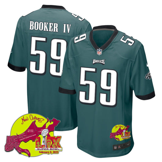Thomas Booker IV 59 Philadelphia Eagles Super Bowl LIX New Orleans Patch Game Jersey – Midnight Green JS1269