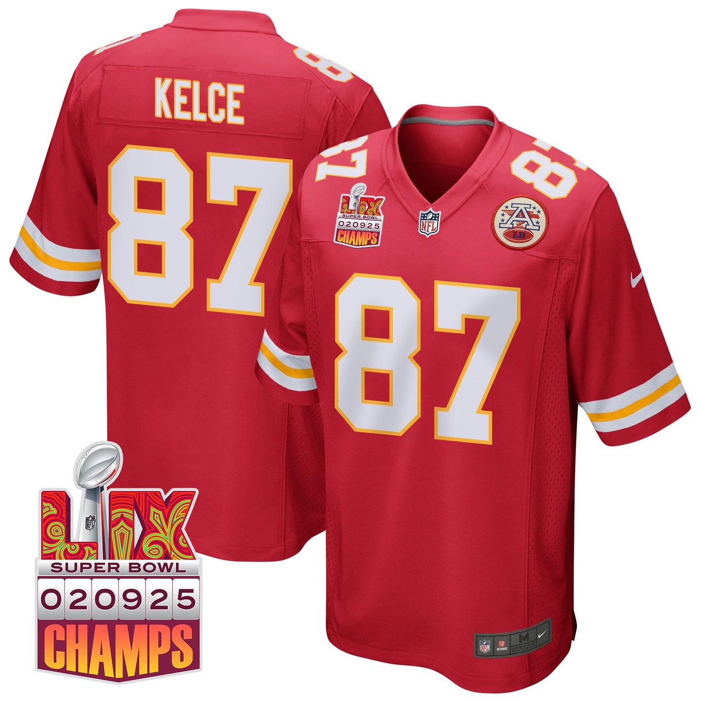 Travis Kelce 87 Kansas City Chiefs Super Bowl LIX Champions Patch Game Jersey – Red JS8426
