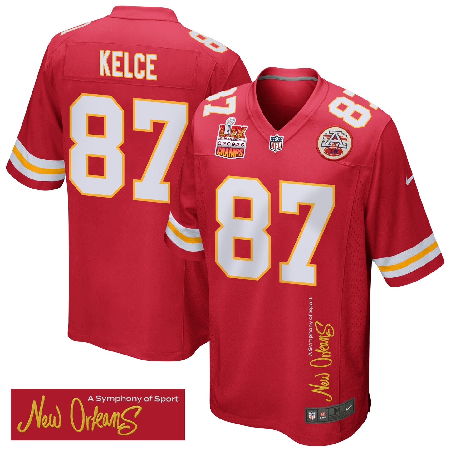 Travis Kelce 87 Kansas City Chiefs Super Bowl LIX Champions Patch 'New Orleans – A Symphony of Sport' EMBROIDERED Game Jersey – Red