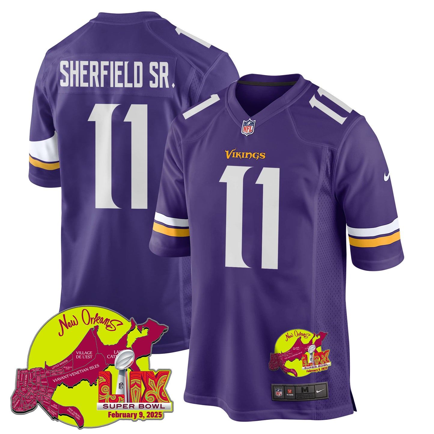 Trent Sherfield Sr. 11 Minnesota Vikings Super Bowl LIX New Orleans Patch Game Jersey – Purple JS8020