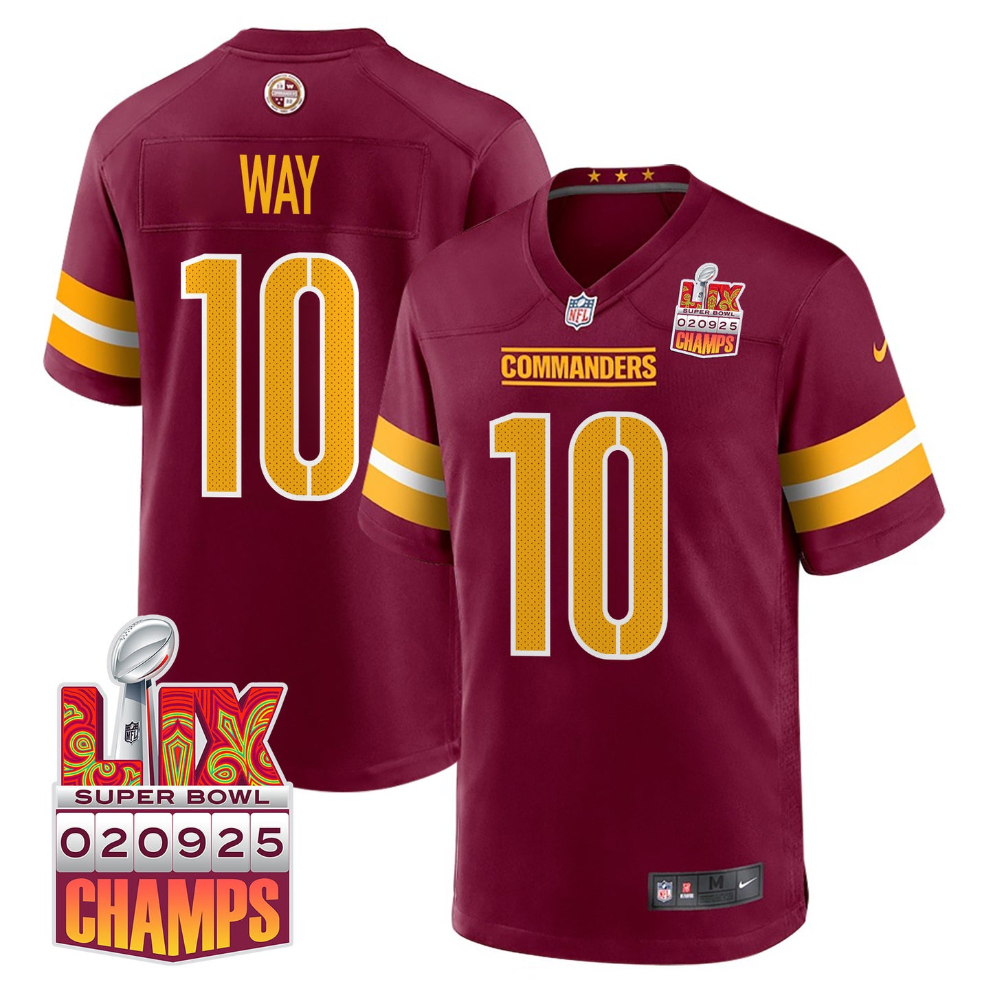 Tress Way 10 Washington Commanders Super Bowl LIX Champions Patch Game Jersey – Burgundy JS4519