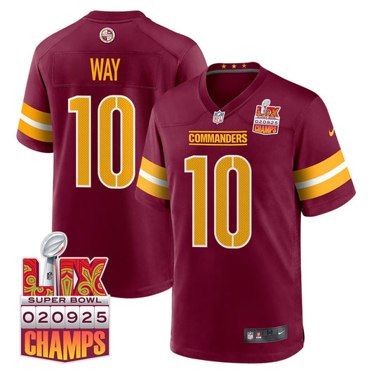 Tress Way 10 Washington Commanders Super Bowl LIX Champions Patch Game Jersey – Burgundy JS4519
