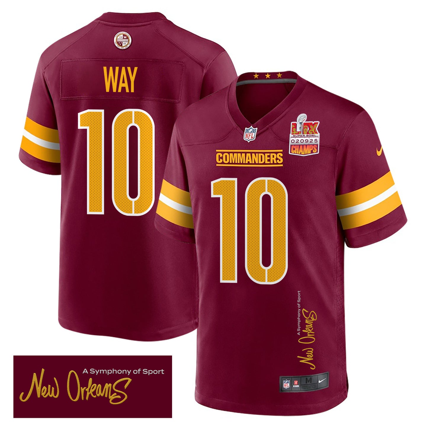 Tress Way 10 Washington Commanders Super Bowl LIX Champions Patch 'New Orleans – A Symphony of Sport' EMBROIDERED Game Jersey – Burg