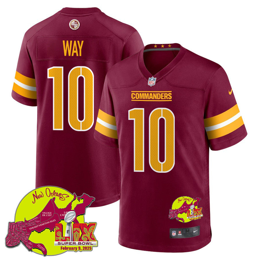 Tress Way 10 Washington Commanders Super Bowl LIX New Orleans Patch Game Jersey – Burgundy JS5762